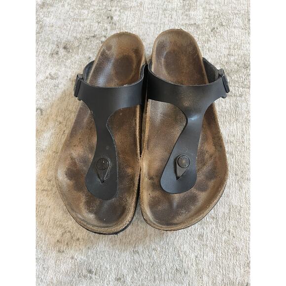 Birkenstock Size 39 Gizeh Birko Flor Sandals Black Leather Buckle Preloved - Picture 1 of 8